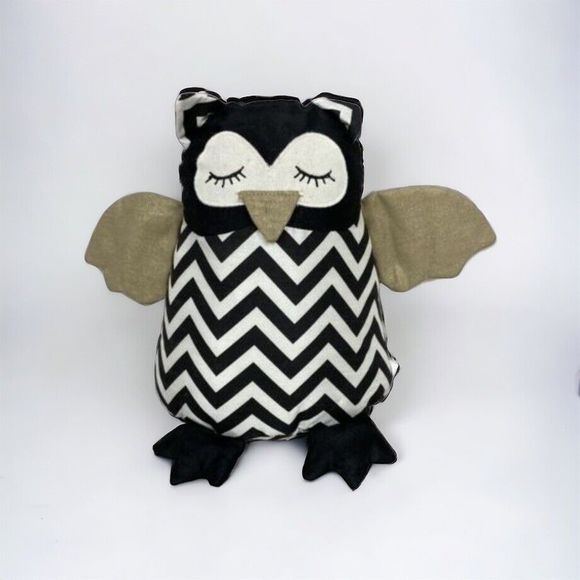 Stuffed OWL Decor Weighted Bean Bag Bottom Black White & Gold Chevron Pattern - Picture 1 of 6